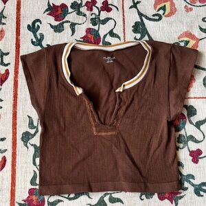 Brown Ribbed Crop Top with scoop neck